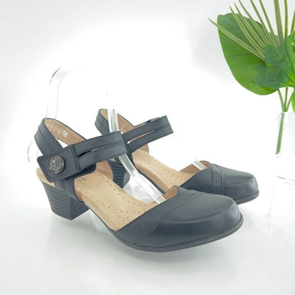 Clarks Women's Valarie Rally Pump Size 6.5 Slingback Block Heel Black Leather - Picture 1 of 16